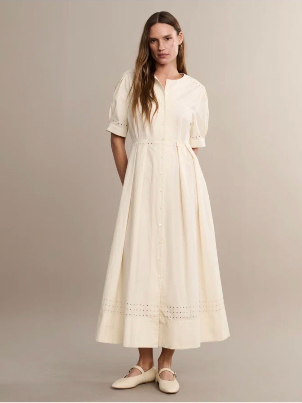 Jenni Kayne Cream Eyelet-Trim Button Midi Dress
